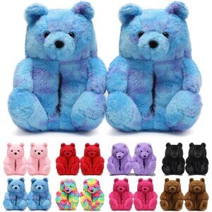 Women's Cute Fuzzy A07-blue Tie-dy Teddy Bear Slippers Cozy Cartoon Indoor Shoes